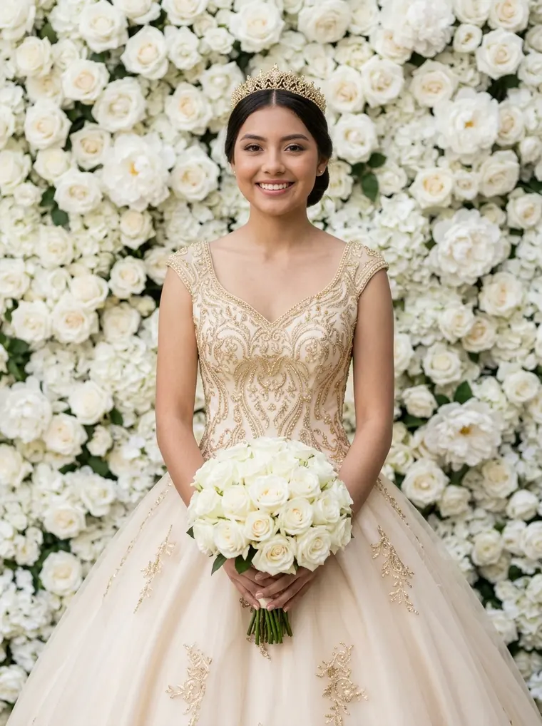 Valentina con su ramo frente al muro de rosas blancas