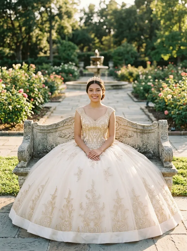 Valentina sentada en la banca del jardín con su vestido extendido